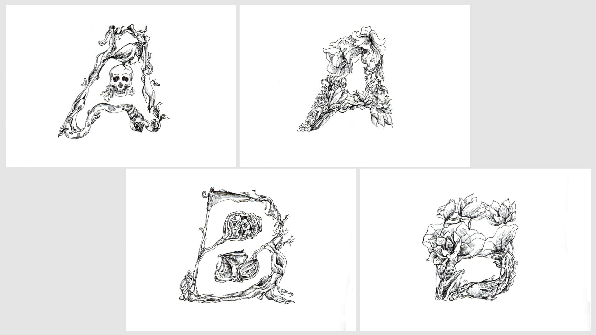 Hand-drawn illustrated letterforms A through D