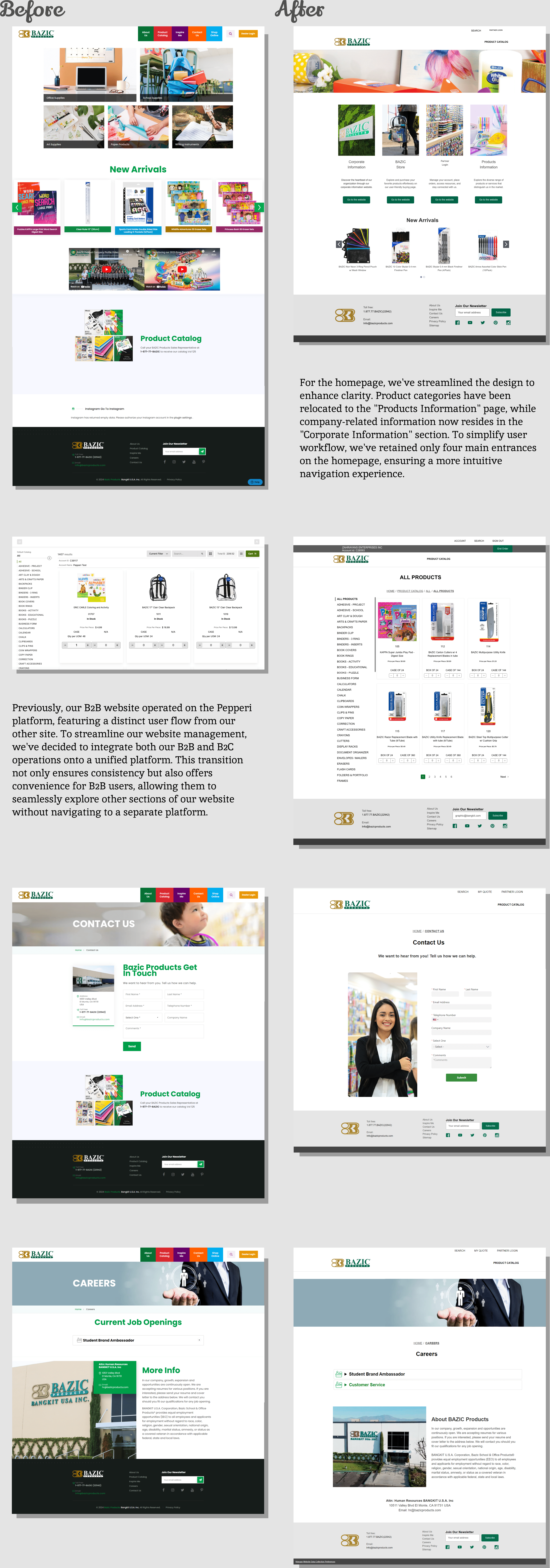 Before-and-after BAZIC pages showing the redesign across homepage, catalog, contact, and careers