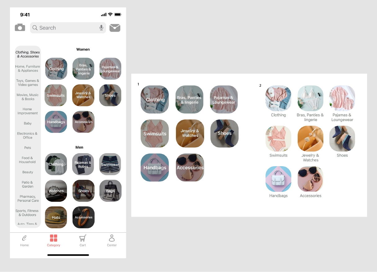 Choice Category screen with department navigation and subcategory layout alternatives