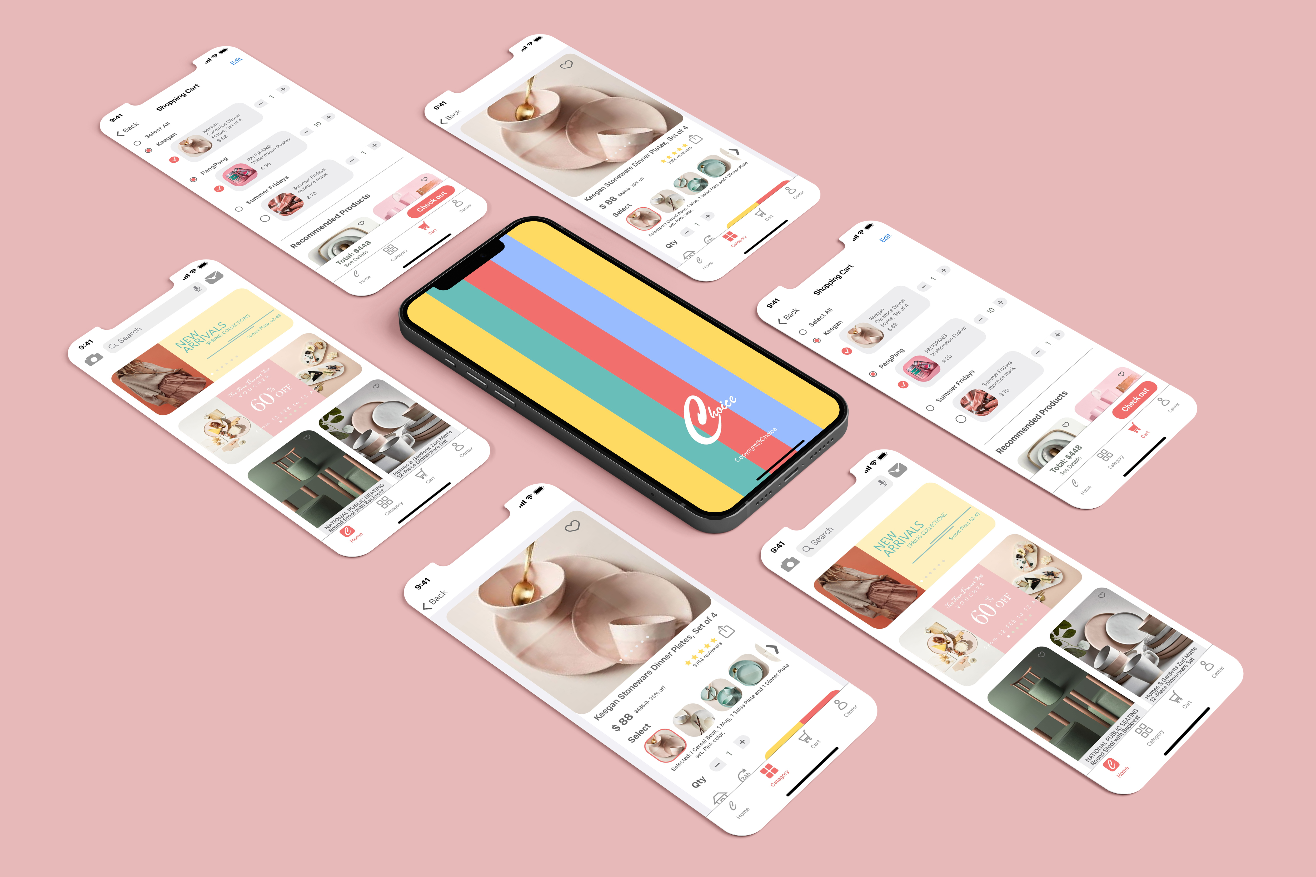 Choice mobile commerce interfaces arranged around a branded phone mockup