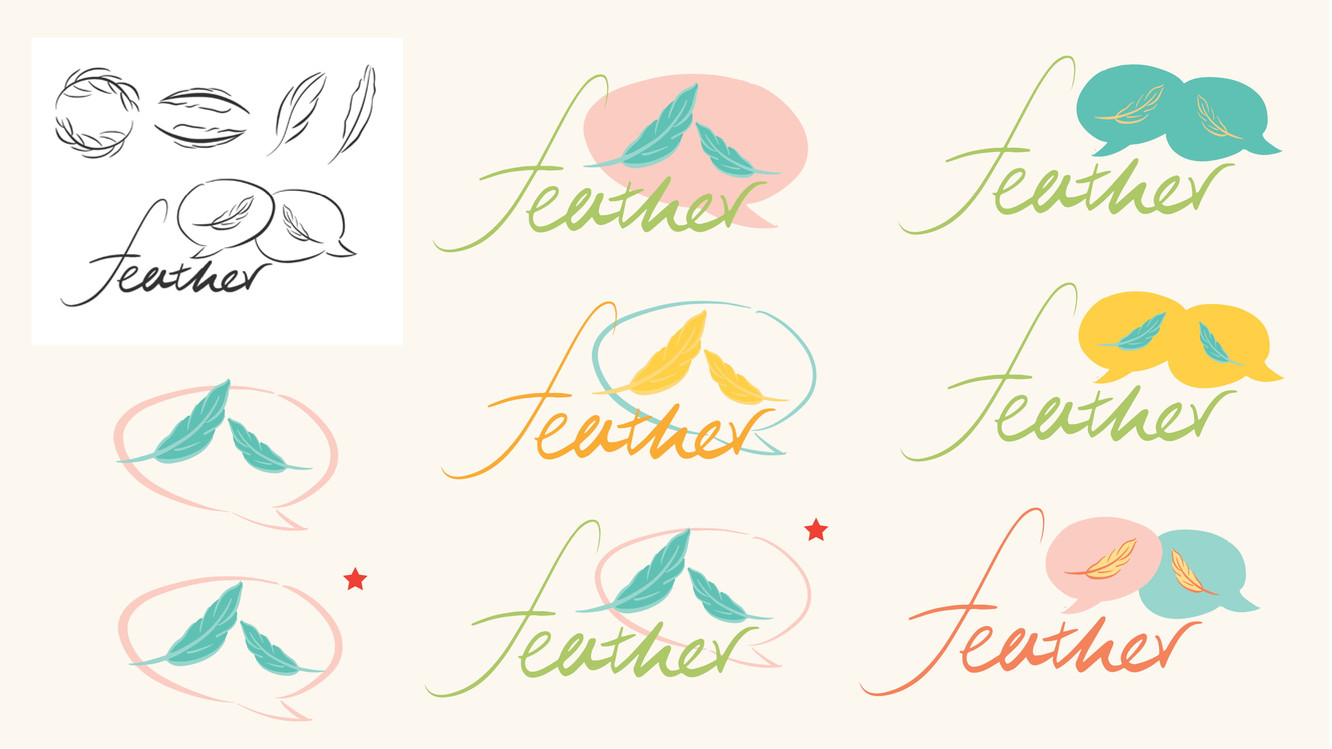 Feather primary logo with wordmark, leaves, and conversation outline