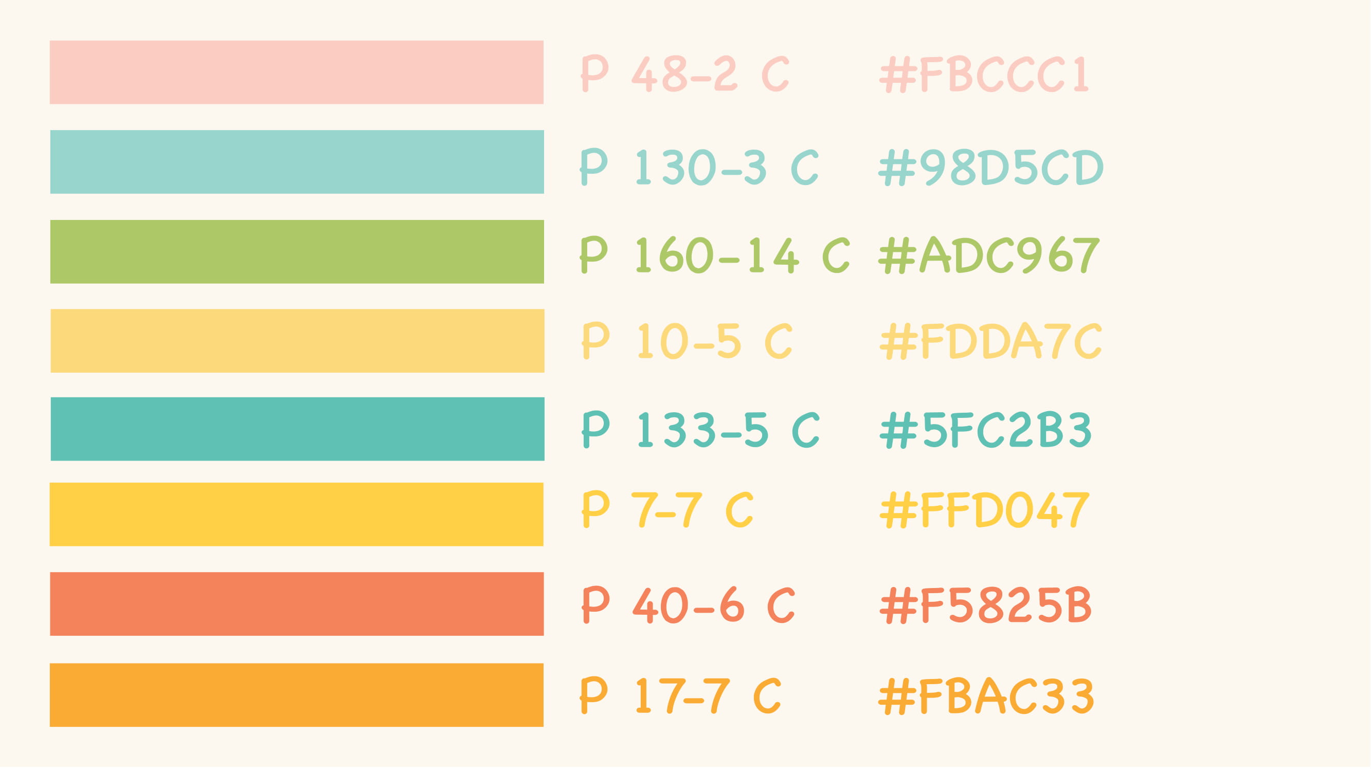 Feather identity color palette in green, coral, teal, cream, and charcoal