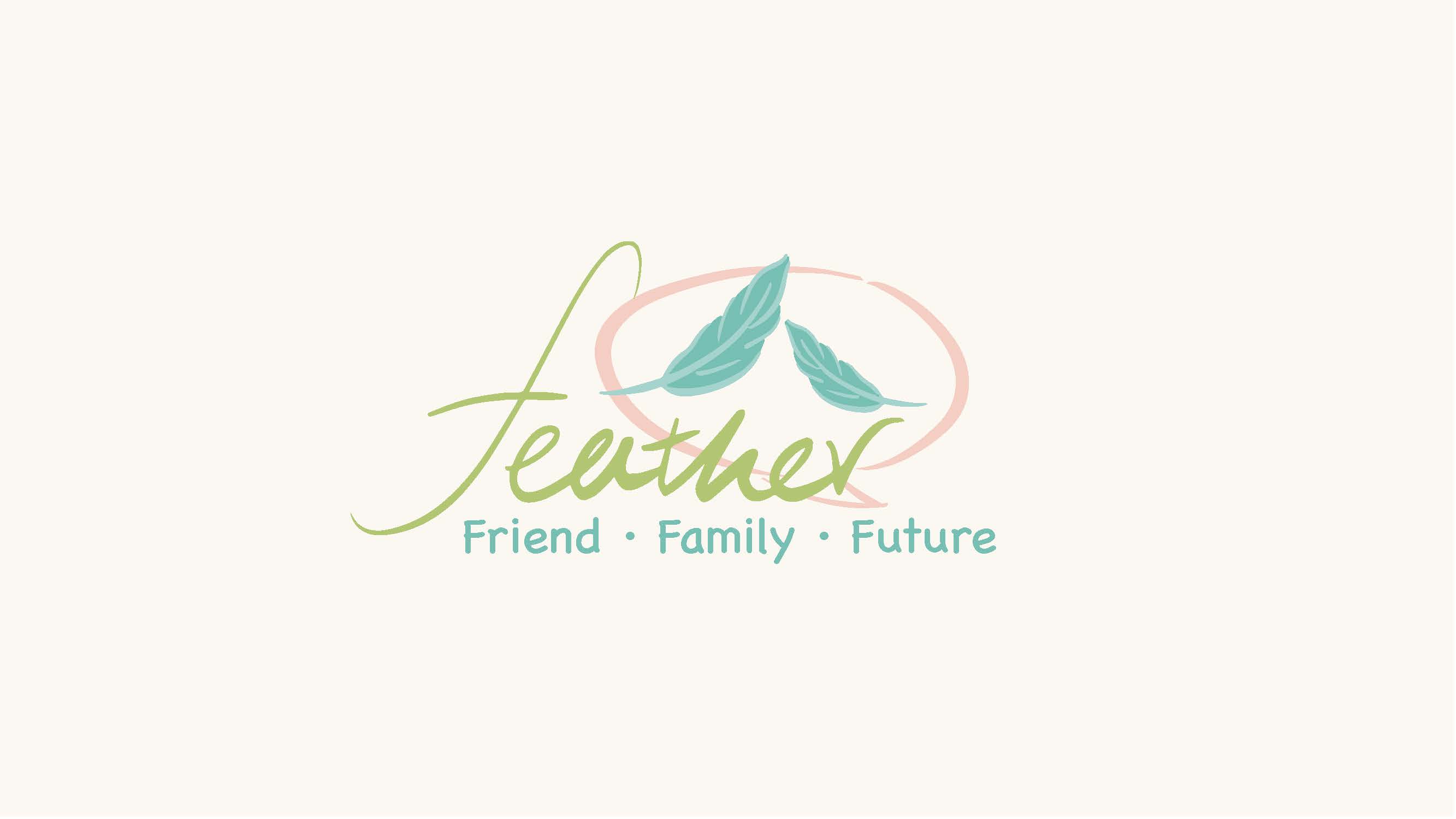 Feather final wordmark, paired-leaf symbol, and Friend Family Future tagline