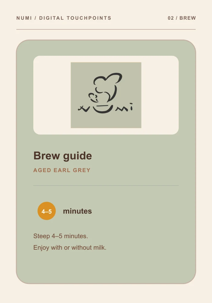Numi mobile brew guide concept showing taste, caffeine, and brew time