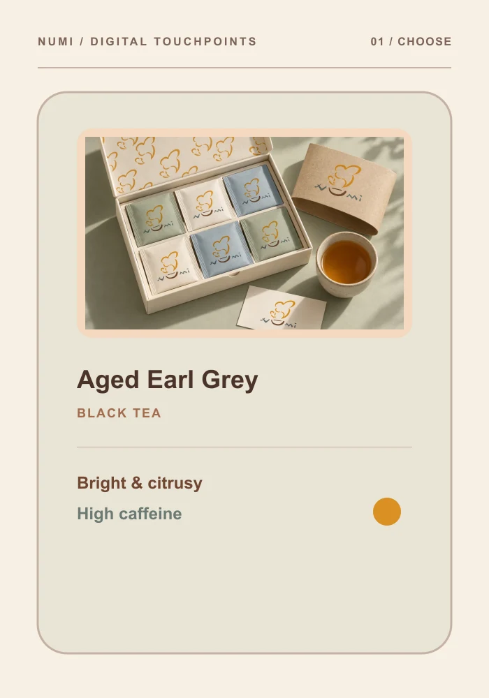 Numi mobile product card concept for choosing a tea blend