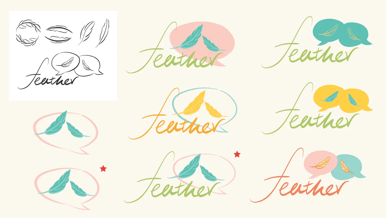 Feather logo explorations combining a wordmark, leaves, and conversation shapes