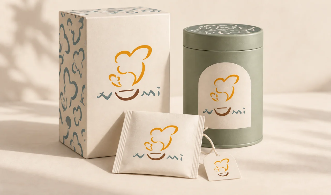 Numi Tea packaging visualization with the concept identity applied across a carton, canister, and sachet