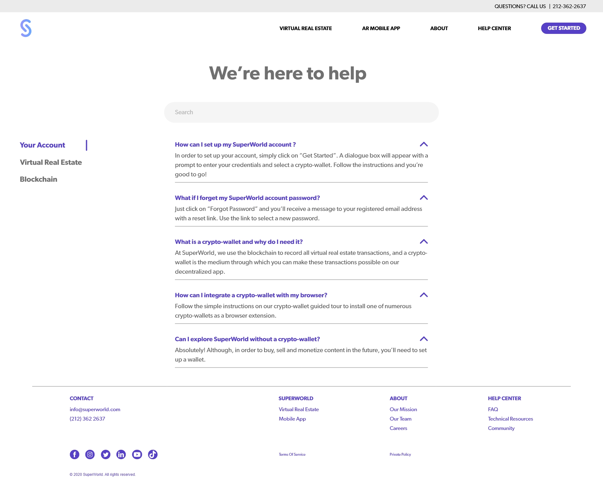Shipped SuperWorld FAQ with left-side categories and line-separated answers